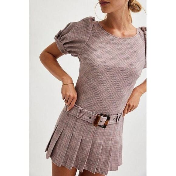 Free People Sevi Plaid Mini Dress Puff Sleeve Grey and Pink Combo Size L NWOT - Picture 2 of 12
